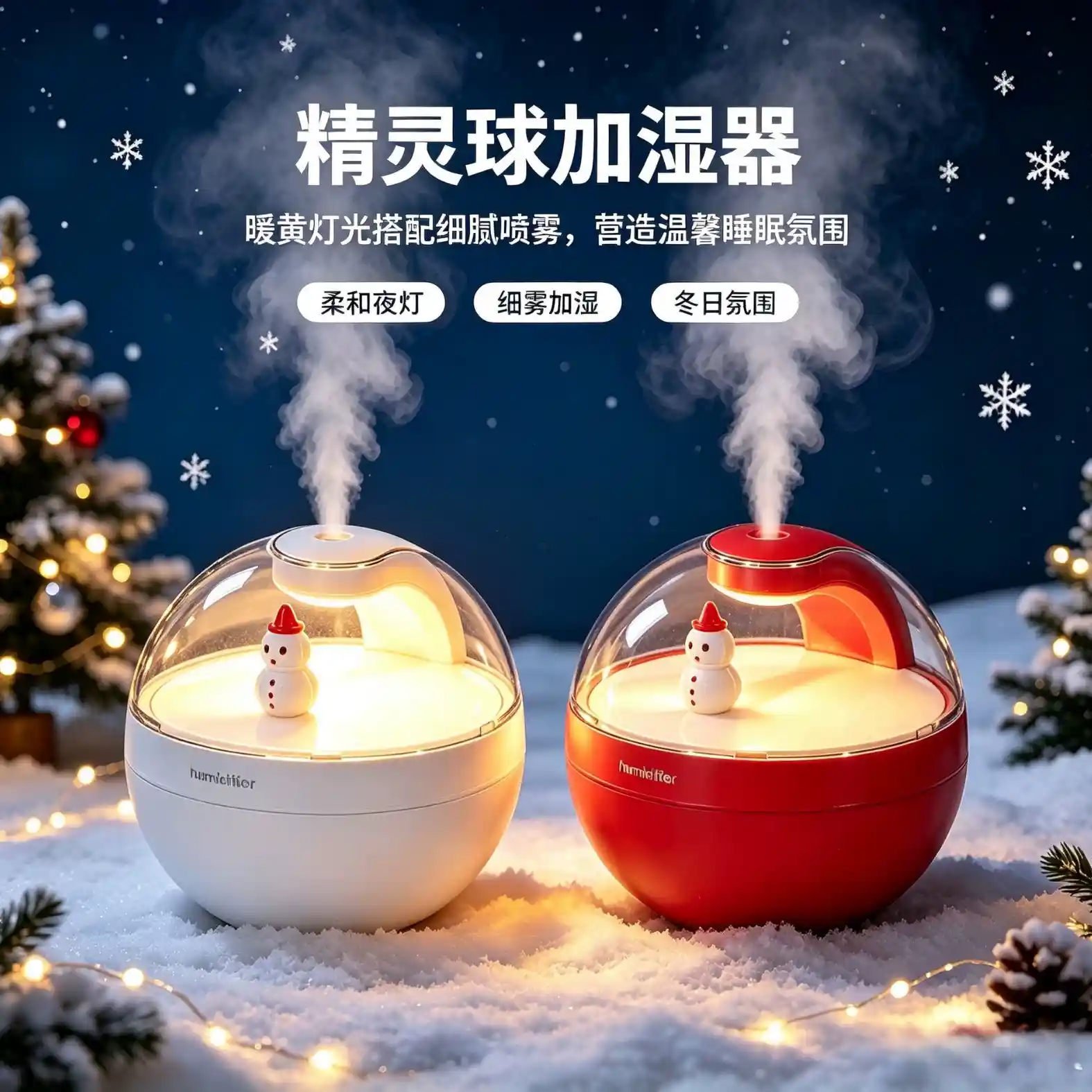 精灵球雪人加湿器 迷你 USB 桌面加湿器 七彩氛围小夜灯 家用办公